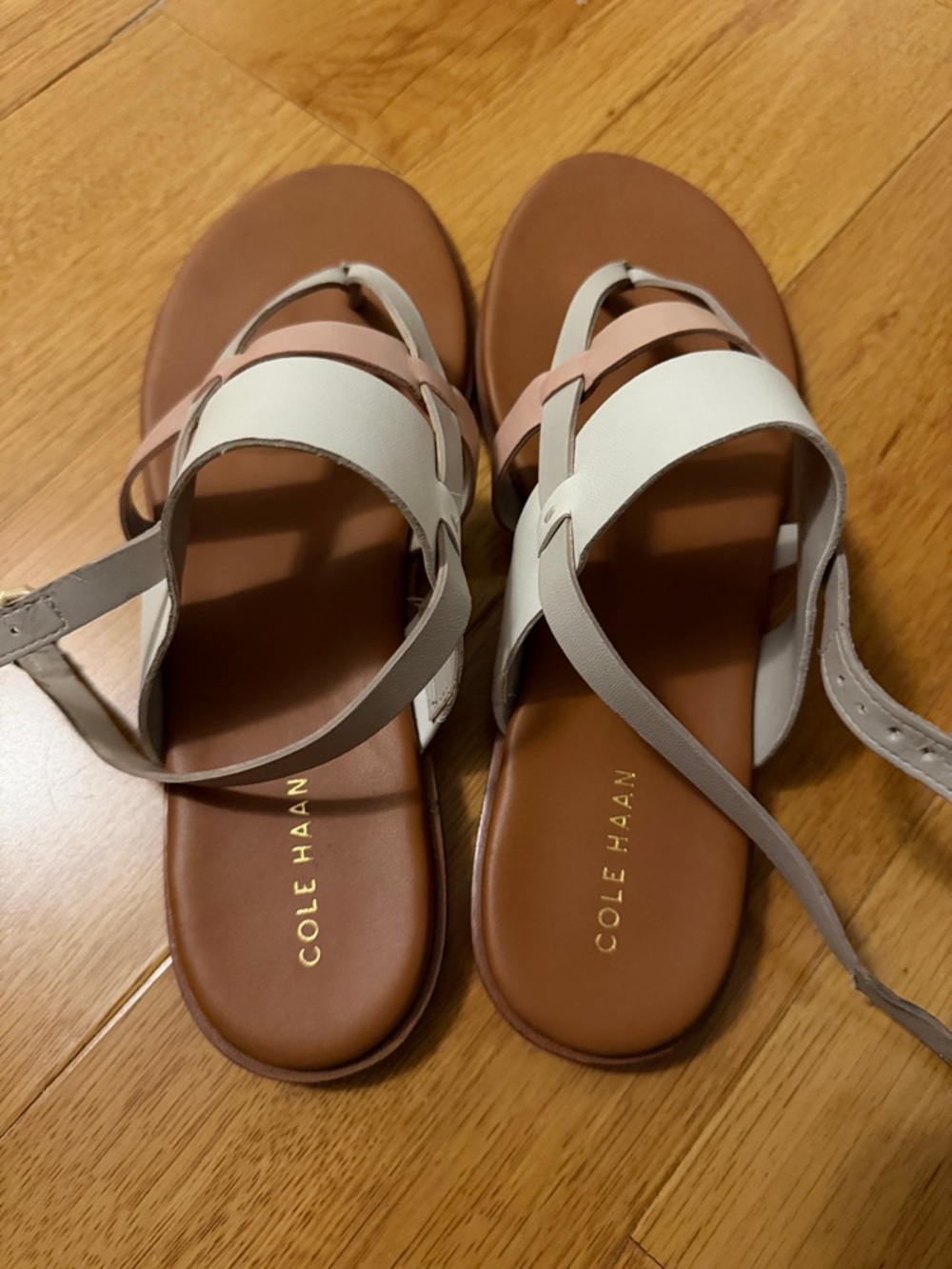 Cole Haan Leather Two-Tone White and Tan Strappy Sandals